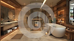 Elegant and lavish 3D bathroom with freestanding tub, walk-in shower, and double vanity for a luxurious spa ambiance. 3d