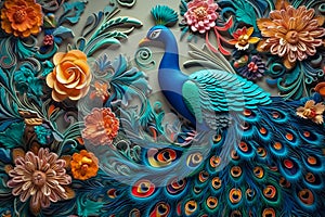 Elegant leather base combines bright color floral with exotic oriental pattern flowers and peacocks illustration background