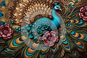 Elegant leather base combines bright color floral with exotic oriental pattern flowers and peacocks illustration background