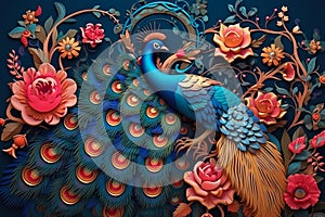 Elegant leather base combines bright color floral with exotic oriental pattern flowers and peacocks illustration background