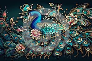 Elegant leather base combines bright color floral with exotic oriental pattern flowers and peacocks illustration background