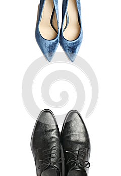 Elegant leather men`s shoes and velvet blue women`s high heel sh
