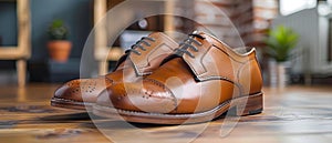 Elegant Leather Shoes on Wooden Floor - Craftsmanship Focus. Concept Leather Shoes, Wooden Floor,