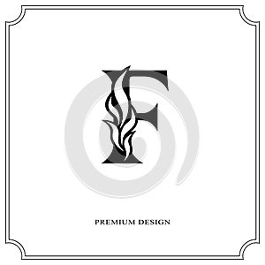 Elegant letter F. Graceful royal style. Calligraphic beautiful logo. Vintage drawn emblem for book design, brand name, business ca