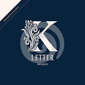 Elegant letter K. Graceful royal style. Calligraphic beautiful logo. Vintage drawn emblem for book design, brand name, business ca