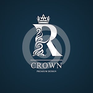 Elegant letter R. Graceful royal style. Calligraphic beautiful logo. Vintage drawn emblem for book design, brand name, business ca