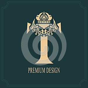 Elegant Letter T with Crown. Graceful Royal Style. Calligraphic Beautiful Logo. Vintage Drawn Emblem for Book Design, Brand Name,