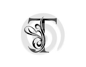 Elegant letter T. Graceful royal style. Calligraphic arts logo. Vintage drawn emblem for book design, brand name, stamp,