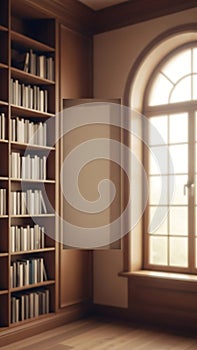Elegant Library Interior with Large Window and Bookshelf
