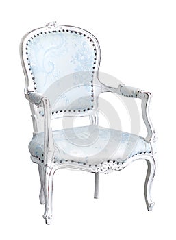 Elegant light-blue arm-chair isolated on white. Armchair with blue fabric upholstery
