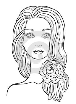 Elegant line art of a beautiful young woman with flower in her hair.