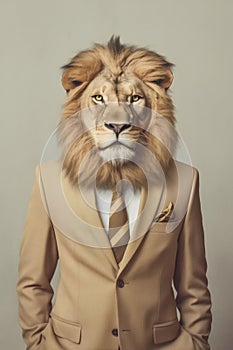 Elegant lion with human body, wearing discreet beige business suit, standing with hands in pockets