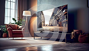 Elegant living room with big Tv. Al generated