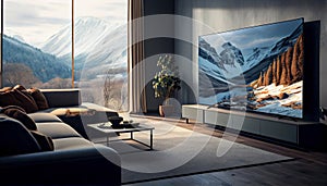 Elegant living room with big Tv. Al generated