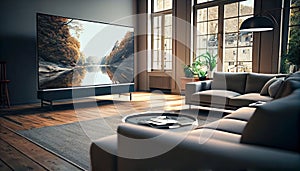 Elegant living room with big Tv. Al generated