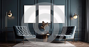 Elegant living room, blue armchair and triptych mockup vertical frame