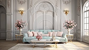 Elegant Living Room With Blue Sofa And Pink Flowers