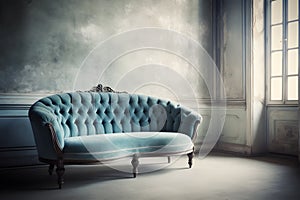 Elegant living room in blue tones. Blue walls . Luxury blue velour sofa.