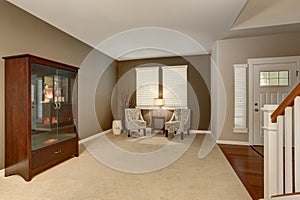 Elegant living room in brown tones with two classic armchairs and vanity cabinet.