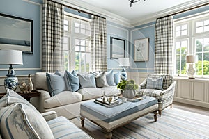 An elegant living room featuring a checkered curtains, large windows, sofa with pillows and blue accents, perfect for a