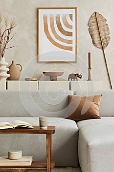 Elegant living room interior design with mock up poster frame, grey corner sofa, coffee table and personal accessories. Pastel.