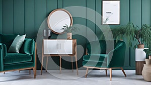 Elegant living room interior design with mockup poster frame,Green eucalyptus wall