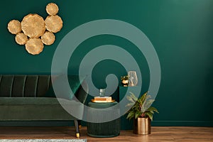 Elegant living room interior with modern design, green velvet sofa, furniture, gold decoration, plant,  carpet, copy space, pillow