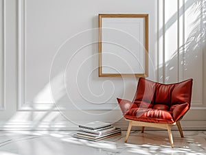 Elegant living room interior with red armchair and books. 3d render