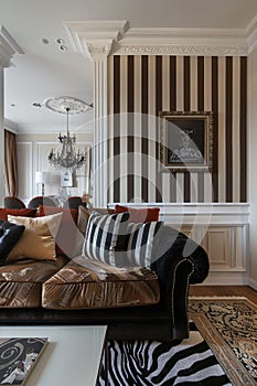 Elegant living room interior with striped wall and classic furniture