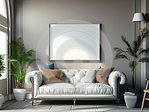 Elegant living room interior with white sofa, plants, and blank picture frame on the wall