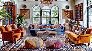 Elegant Living Room in Moroccan or bohemian Style With Vibrant Decor and Natural Light