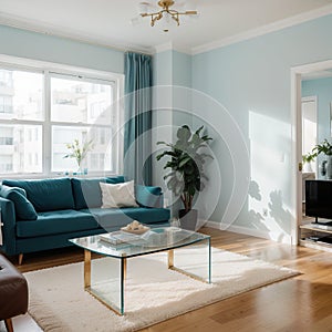 Elegant living room with teal blue wall with molding and room behind white and glass wall with big baseboard