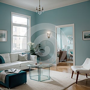 Elegant living room with teal blue wall with molding and room behind white and glass wall with big baseboard