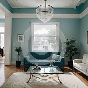 Elegant living room with teal blue wall with molding and room behind white and glass wall with big baseboard