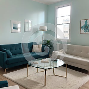 Elegant living room with teal blue wall with molding and room behind white and glass wall with big baseboard