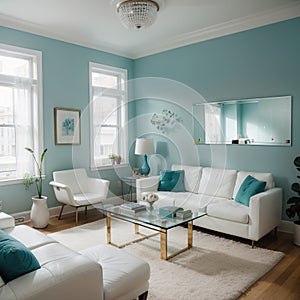 Elegant living room with teal blue wall with molding and room behind white and glass wall with big baseboard