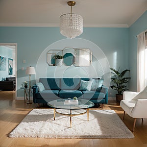 Elegant living room with teal blue wall with molding and room behind white and glass wall with big baseboard