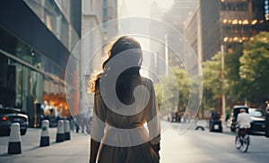 Elegant long brunette hair woman with classic clothes walking in the city alone