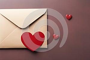 Elegant love letter envelope with red heart on a maroon background.