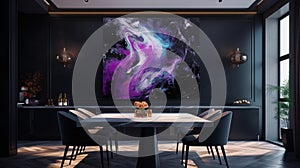 Elegant luxury black dinning room with purple abstract oil painting