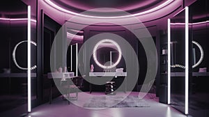 Elegant luxury black dressing room with purple lights