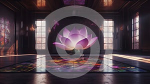 Elegant luxury black yoga or dancing room with purple lotus oil painting