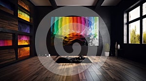 Elegant luxury black yoga or dancing room with rainbow abstract oil painting