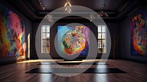 Elegant luxury black yoga or dancing room with rainbow abstract oil painting