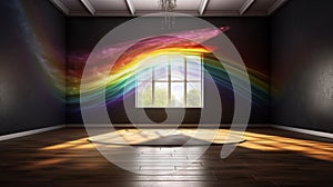 Elegant luxury black yoga or dancing room with rainbow light