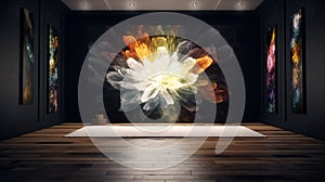 Elegant luxury black yoga or dancing room with rainbow lotus oil painting