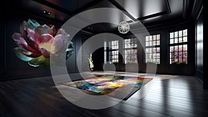 Elegant luxury black yoga or dancing room with rainbow lotus oil painting
