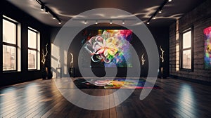 Elegant luxury black yoga or dancing room with rainbow lotus oil painting