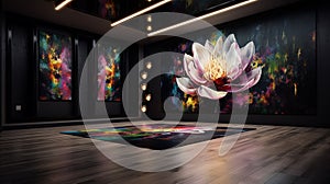 Elegant luxury black yoga or dancing room with rainbow lotus oil painting