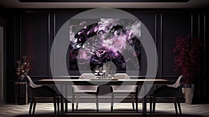 Elegant luxury dark dinning room with purple abstract oil painting